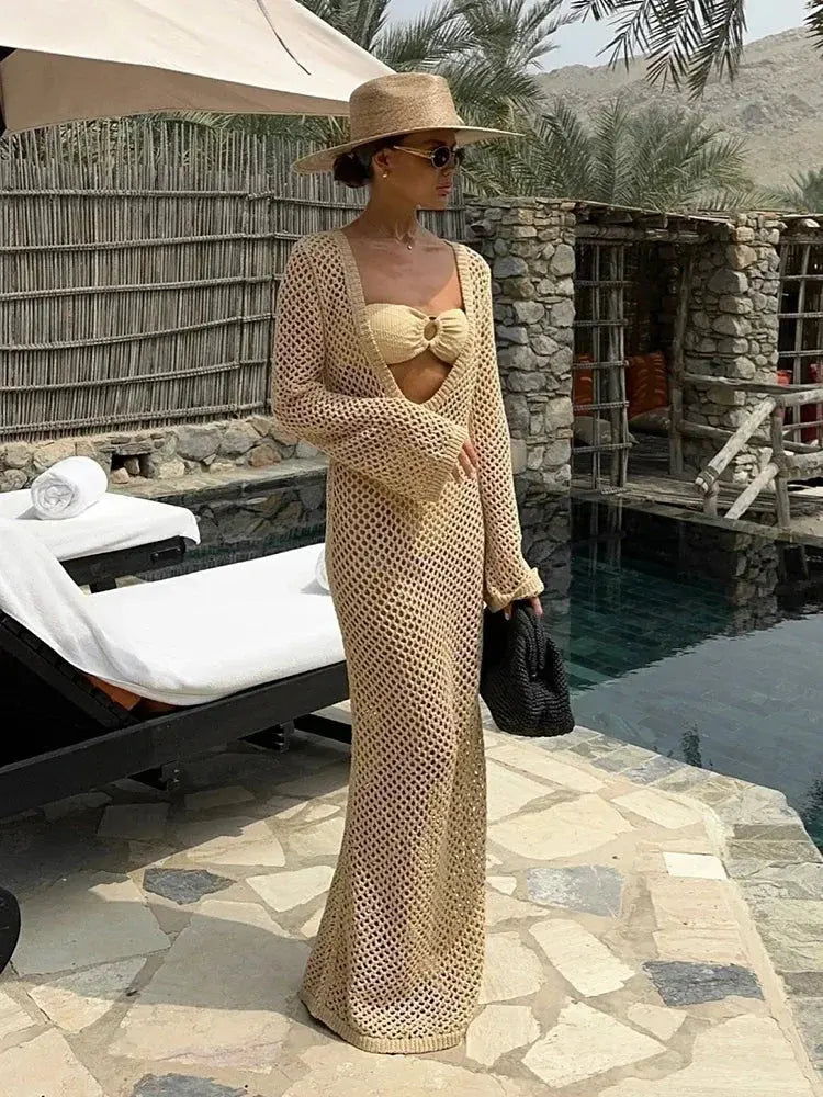 Whisper of Waves Crochet Maxi Cover-Up in soft white, showcasing delicate crochet patterns and U-neck design.