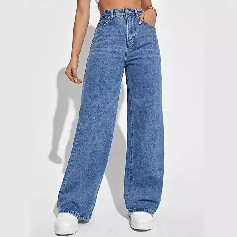 Wide-leg denim jeans styled for office wear, offering a chic and comfortable fit.