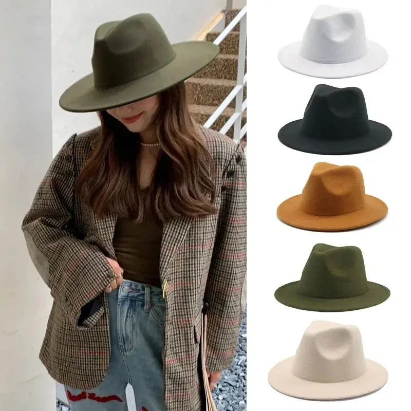 Elegant black polyester fedora with a broad flat brim for stylish sun protection.