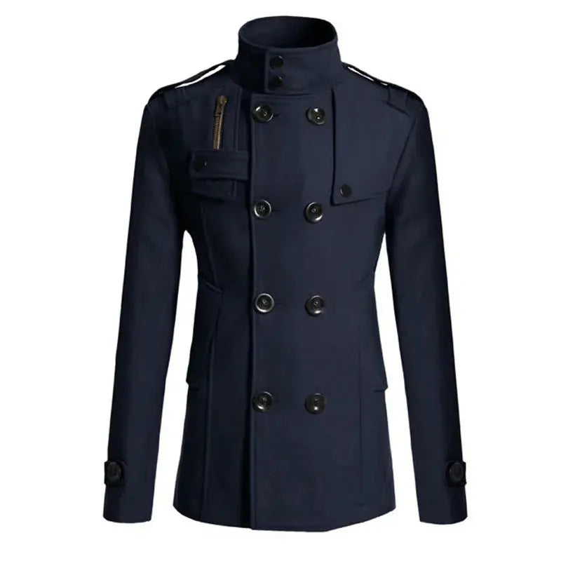 Model wearing the Winter's Warm Embrace overcoat in a winter city setting.
