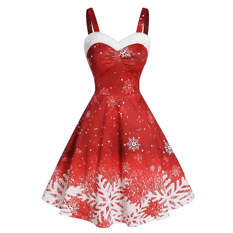 Detail of the whimsical snowflake pattern on the Holiday Radiance Sleeveless Dress, perfect for winter wear.