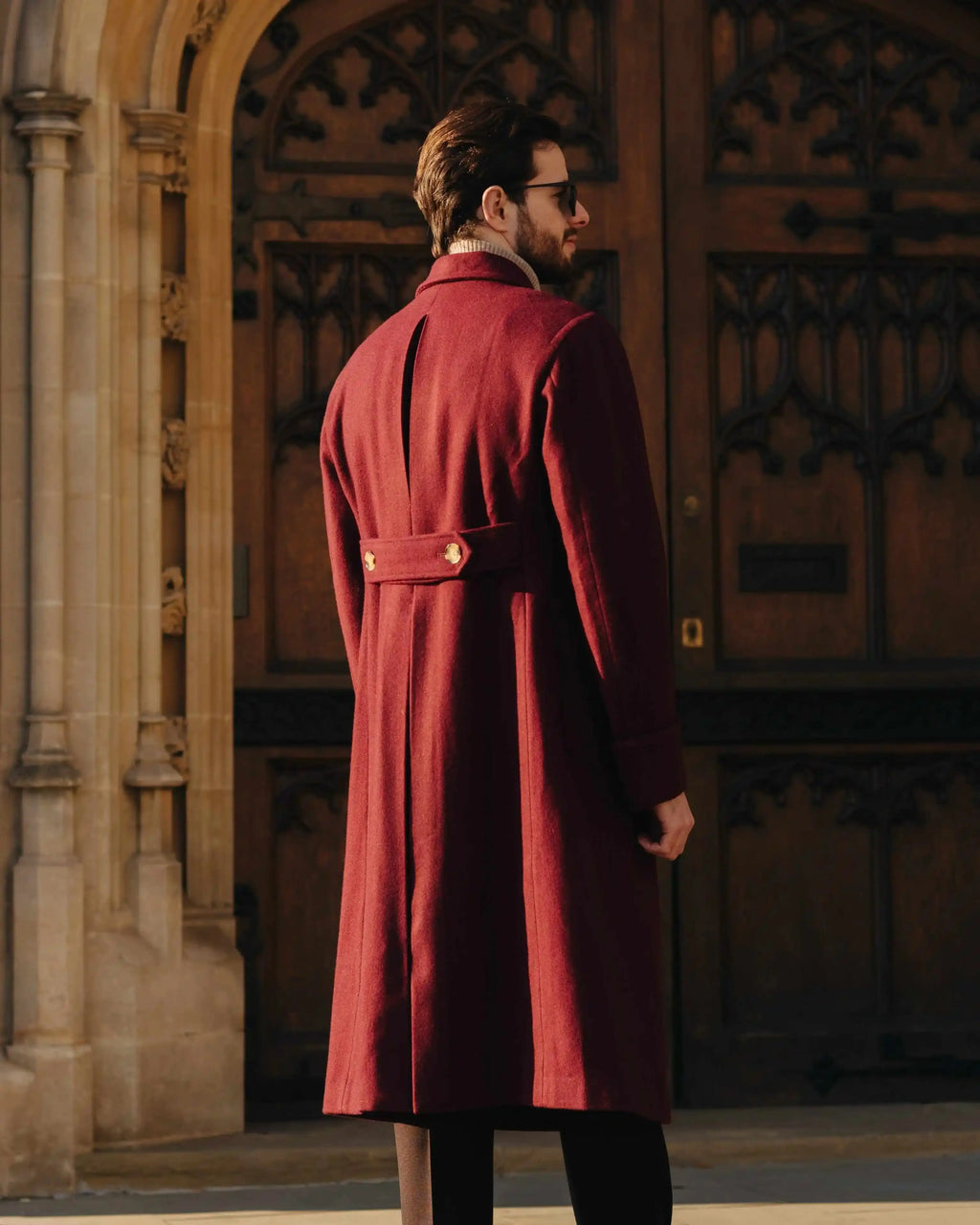 Close-up of luxurious wool blend fabric on the Command the Room Overcoat, highlighting its plush texture.
