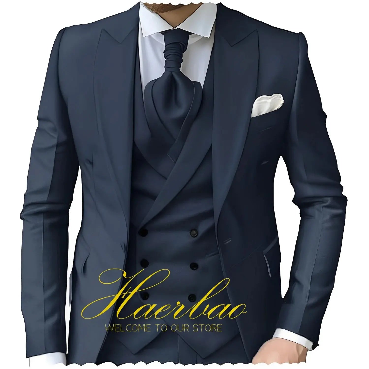 Man in a navy three-piece suit dancing at a wedding, demonstrating comfort and style.