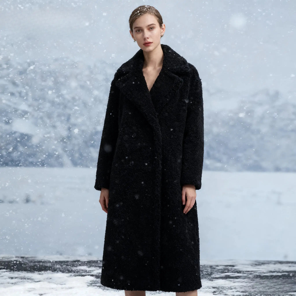 Close-up of the single-breasted design of the Winter Whisperer coat, showcasing vintage accents.
