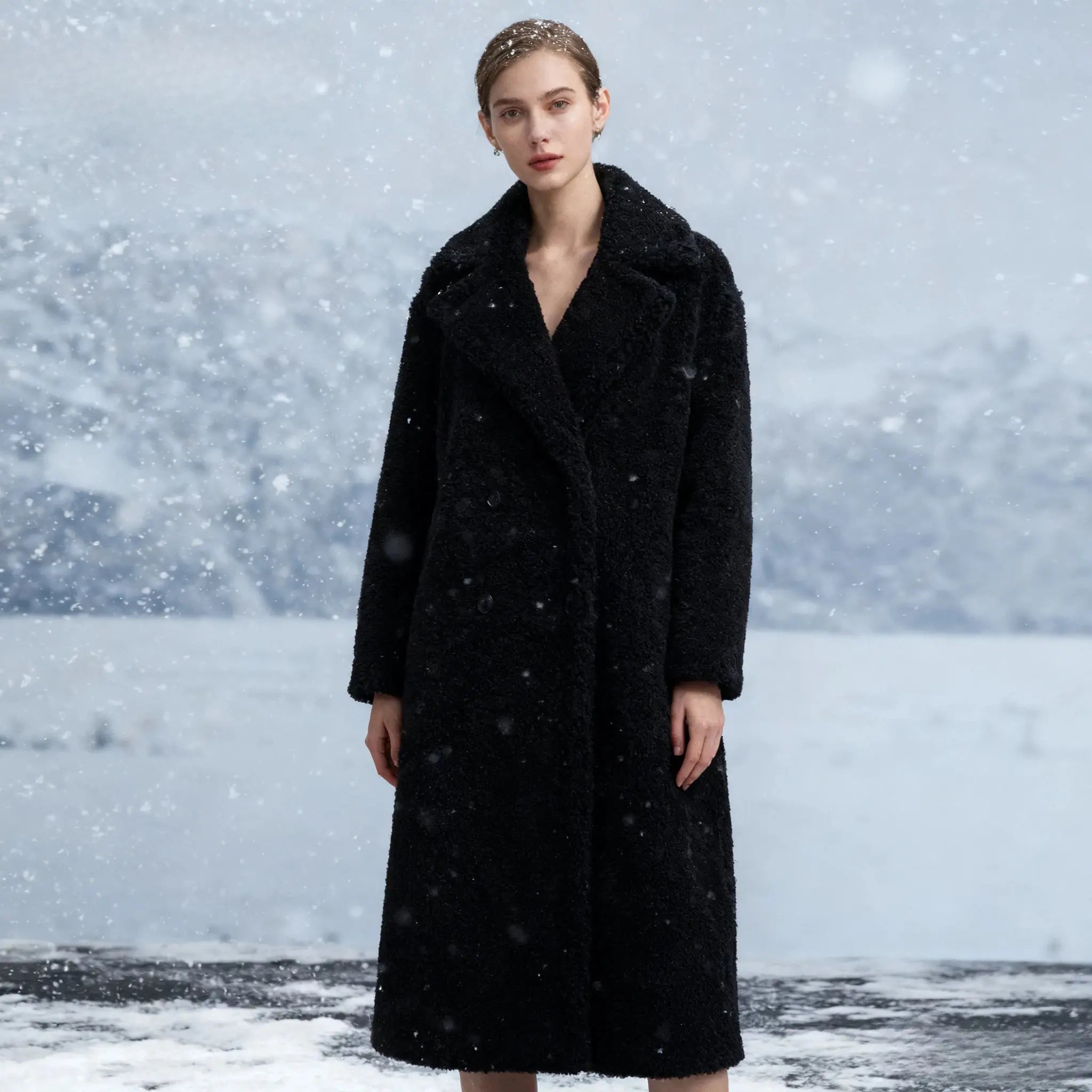 Close-up of the single-breasted design of the Winter Whisperer coat, showcasing vintage accents.