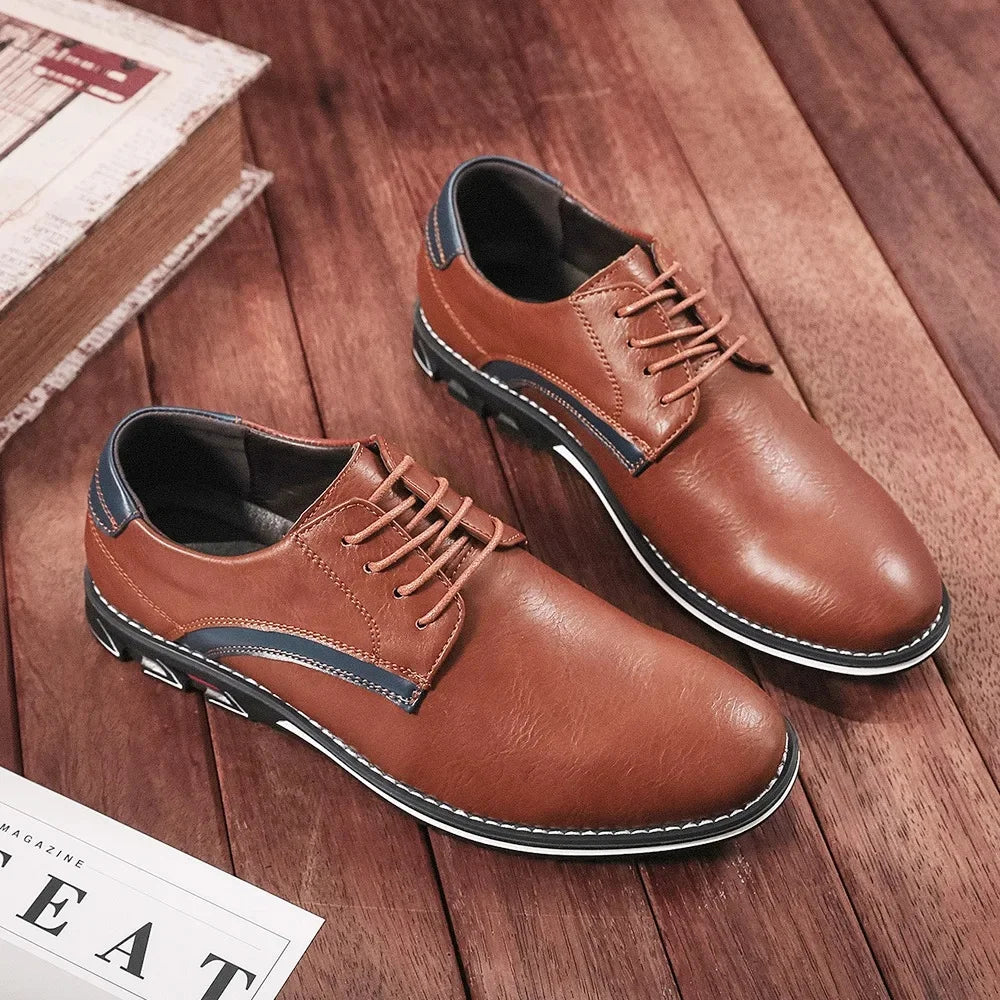 Versatile leather dress shoes with structured silhouette and rubber sole for office and networking events