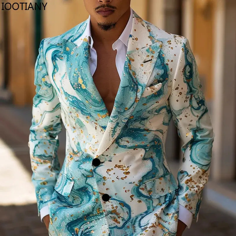 Model wearing the suit at a wedding banquet, exuding confidence and style.