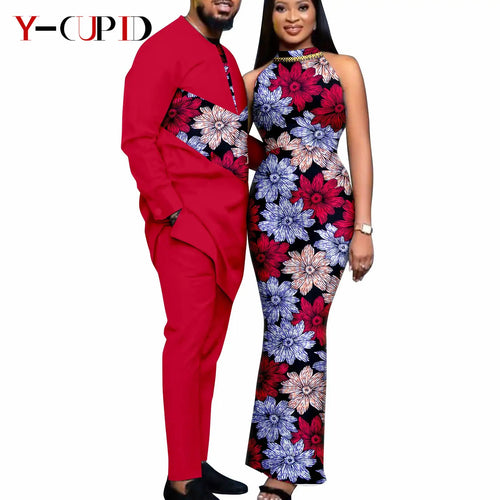 African Print Dashiki Couple Matching Set with vibrant Ankara patterns in traditional colors