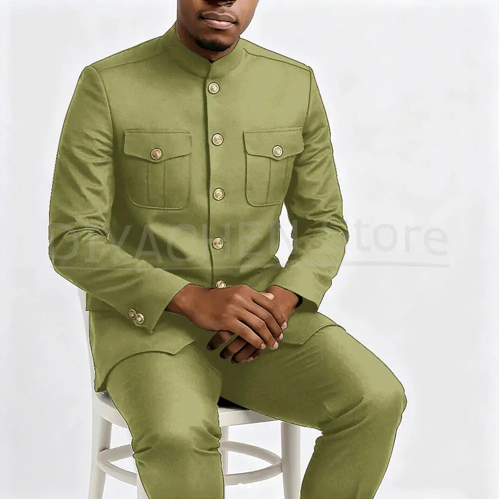 Back view of the tailored suit showcasing structured elegance.