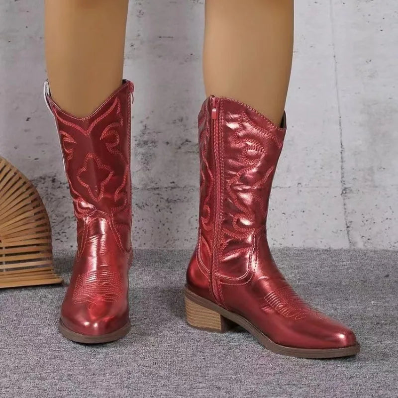 Satin finish leather boots with Western embroidery and stable square heel