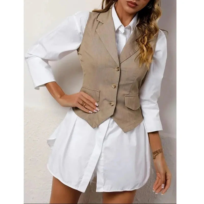 Flat lay of the chic tailored vest with office accessories, perfect for power dressing.