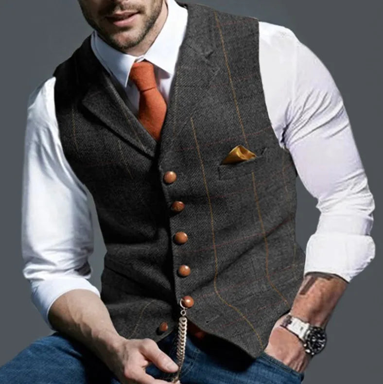 Model wearing the tweed vest, exuding confidence at a formal event.