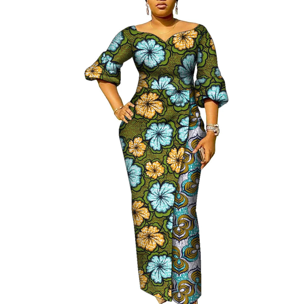 African Dresses for Women Patchwork Ankara Dress Lantern Sleeves Maxi Dress Women Party Dress Lady African Clothes WY9937
