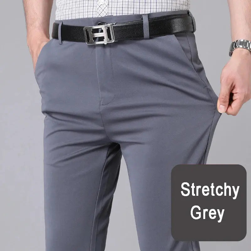 Flat lay of trousers displaying midweight material and refined finish.