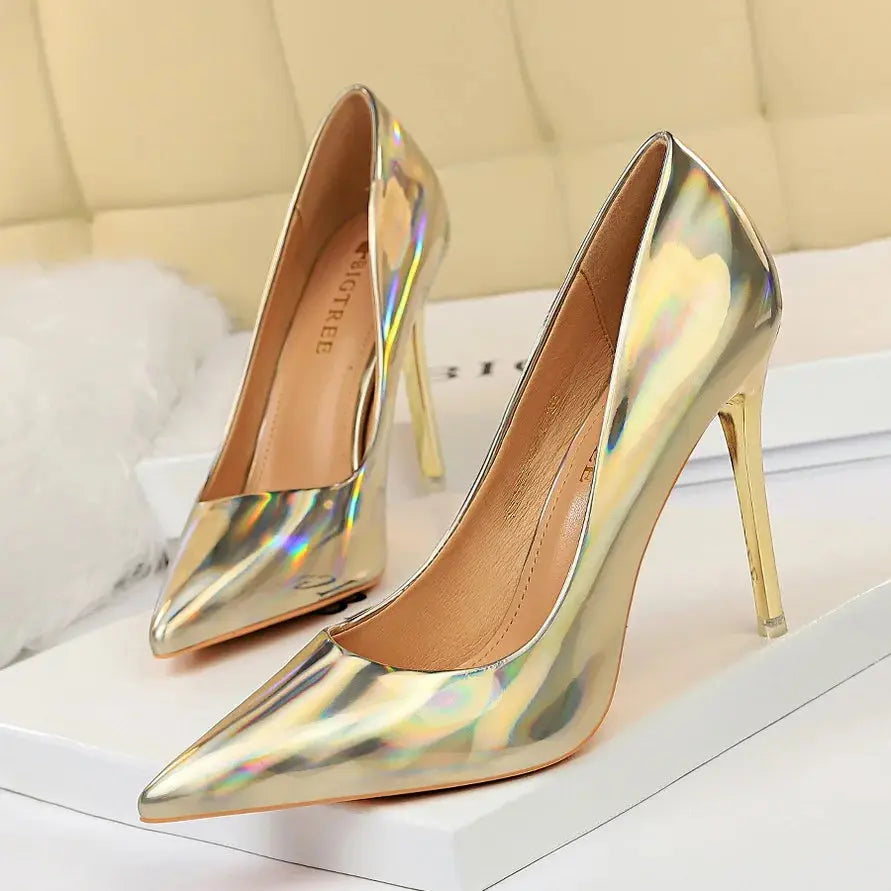 Stylish blue pumps featuring a towering heel to elongate legs.