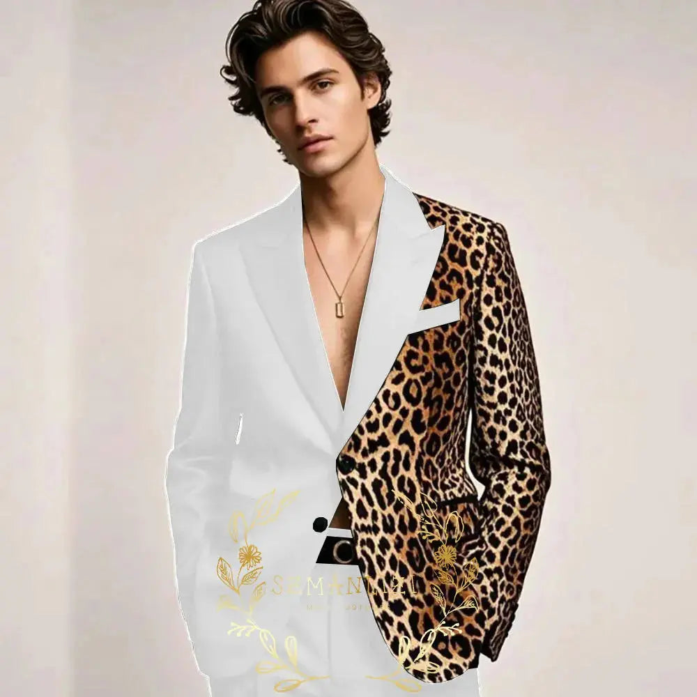 Contemporary formal tuxedo combining sleek tailoring with leopard print details
