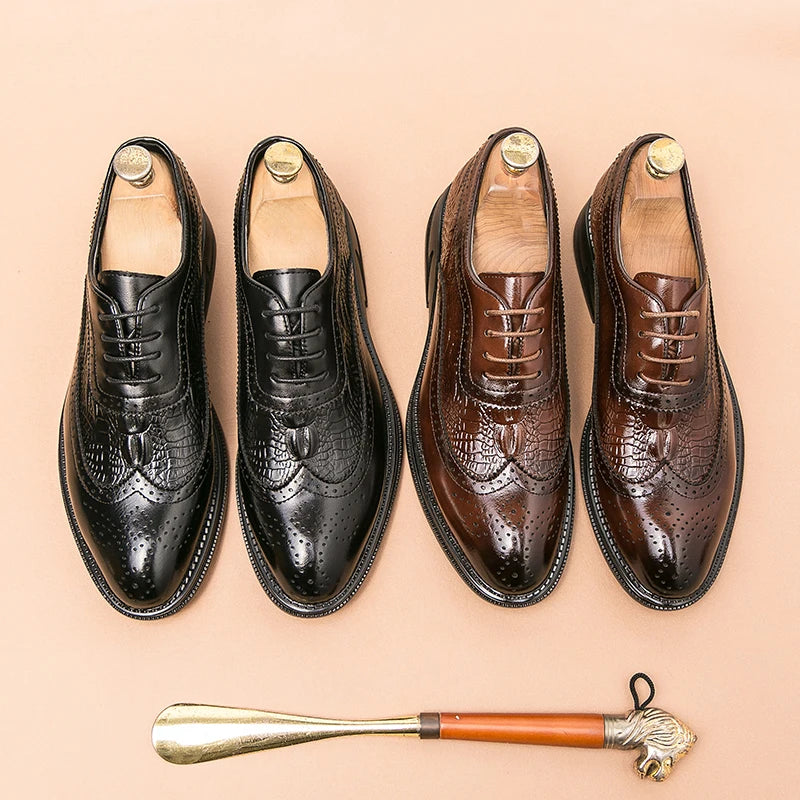 Classic pointed toe brogue dress shoes in black leather with secure lace-up closure system