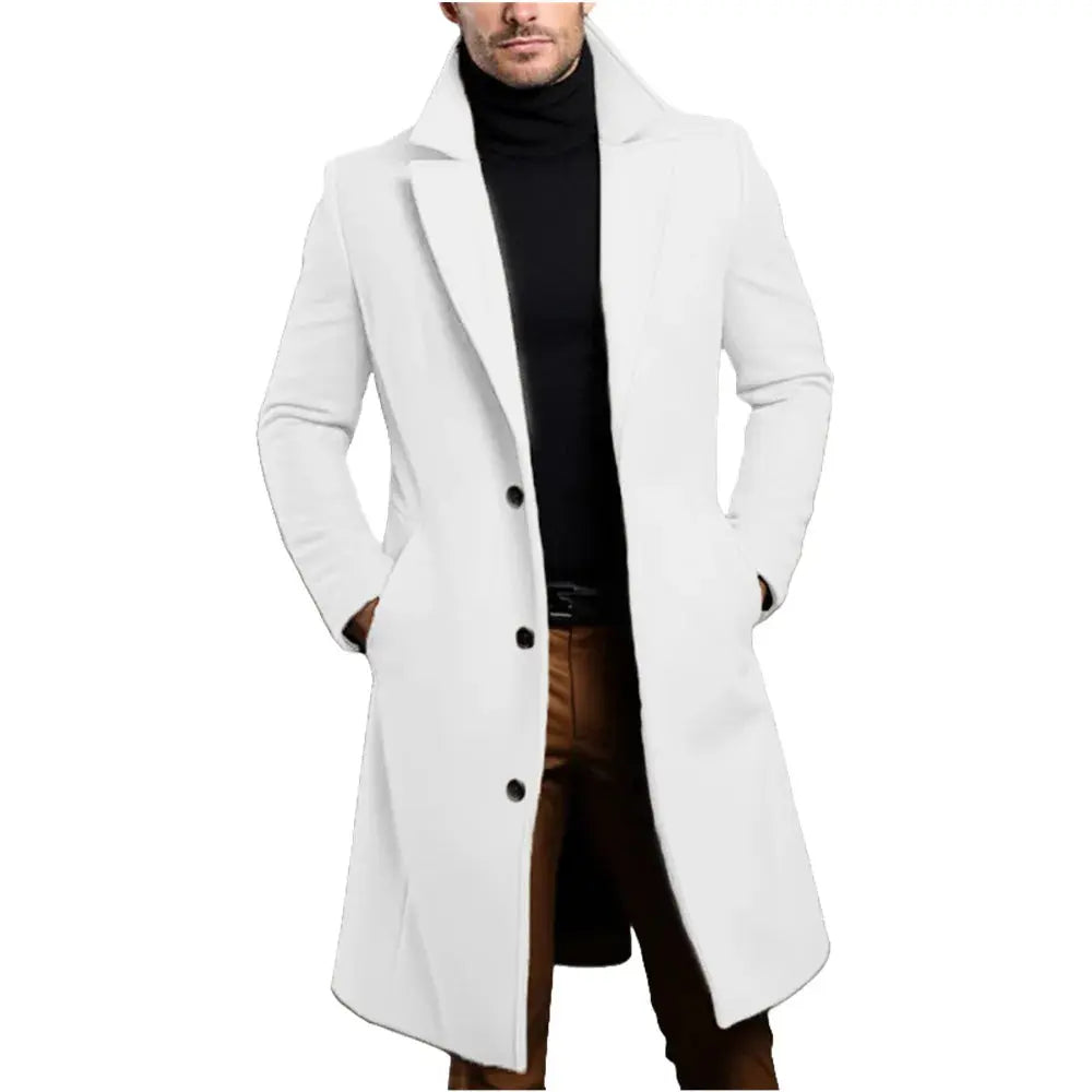 Mid-length overcoat in dark navy, crafted from premium polyester for wind resistance.