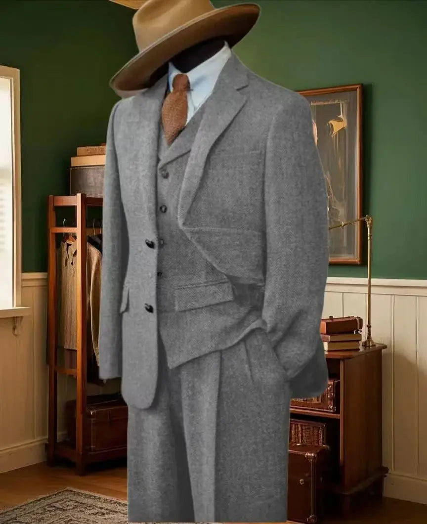 Detail of the suit's lapel and buttons, emphasizing premium craftsmanship.