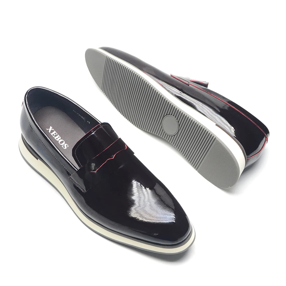 Close-up of waterproof patent finish on formal loafers