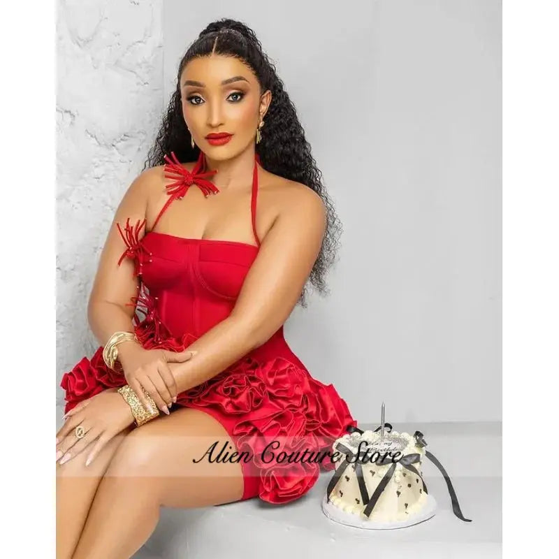 Full view of red mini dress featuring playful 3D floral details.