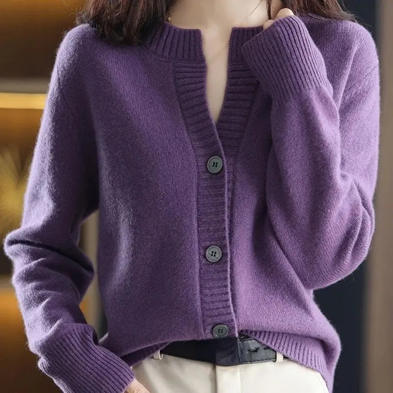 Luxe comfort cardigan in neutral tone, perfect for winter layering.