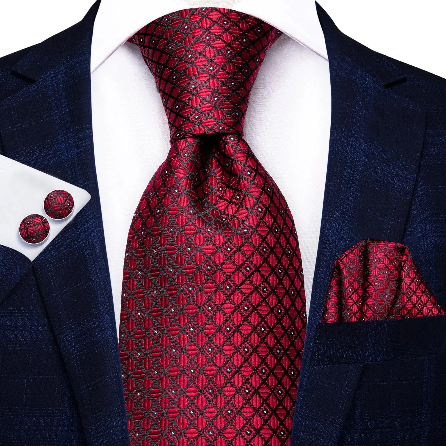 Complete tie set with handkerchief and cufflinks for elegance.