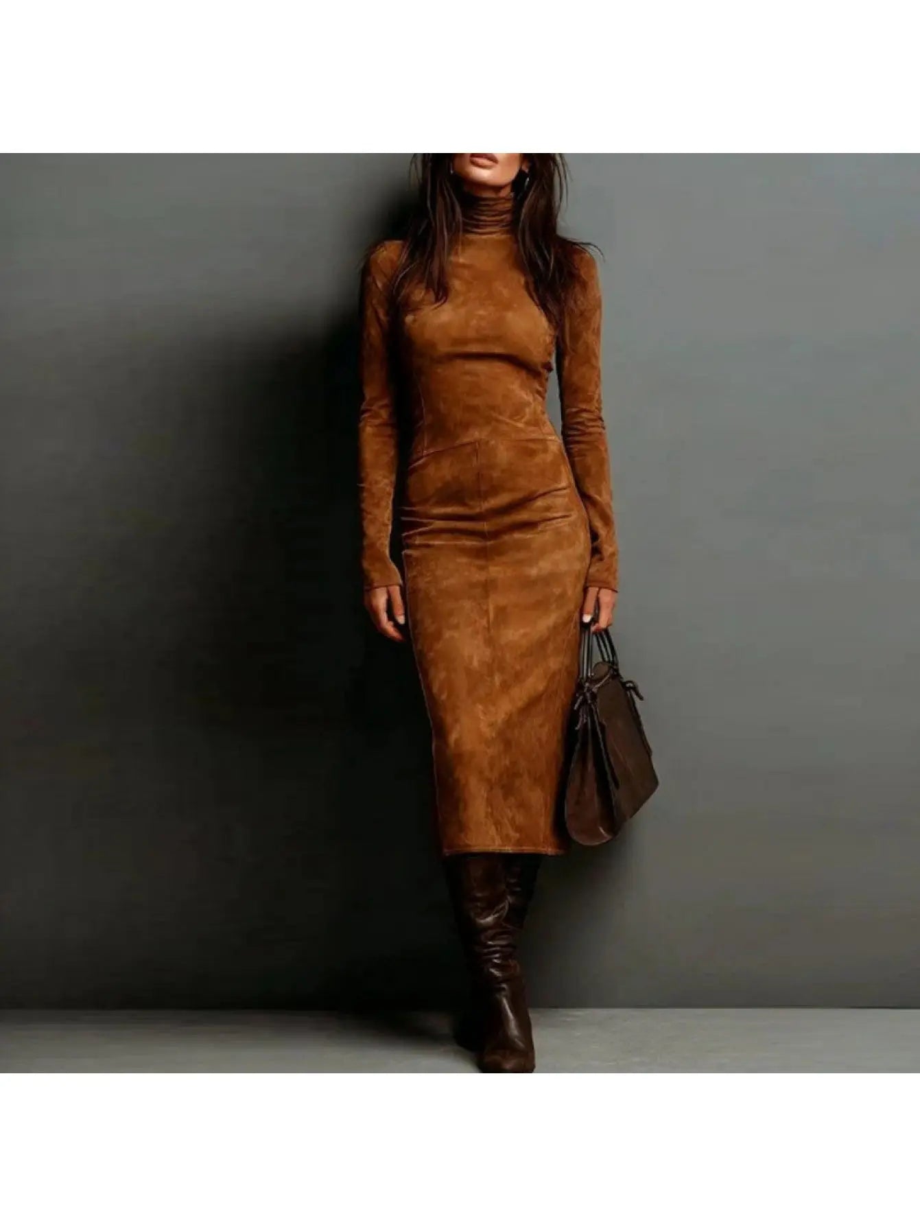 Detail shot of the high neck design on the Winter Whisper Dress, adding sophistication.
