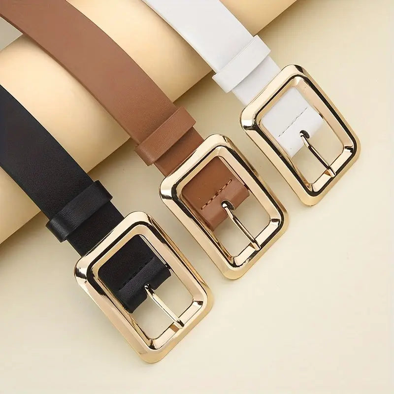 Chic PU belt featuring a striking golden buckle, elevating casual looks.