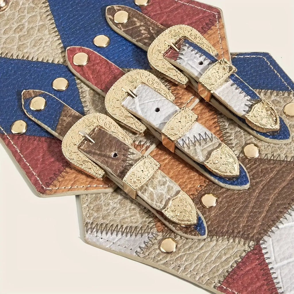 Cinch Your Style belt laid flat, showcasing its high-quality PU material and striking rivet embellishments.