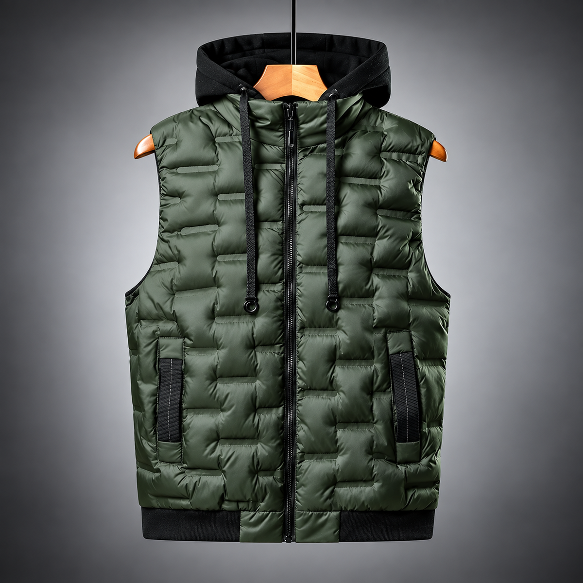 Olive green hooded sleeveless quilted vest