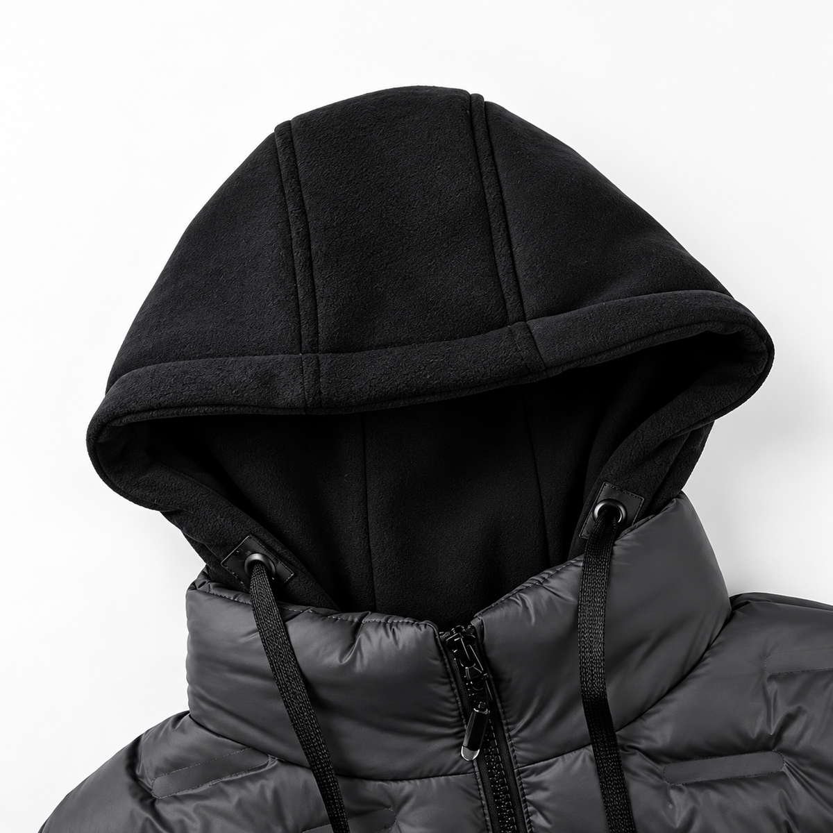 Close-up of black hood and collar on sleeveless quilted vest