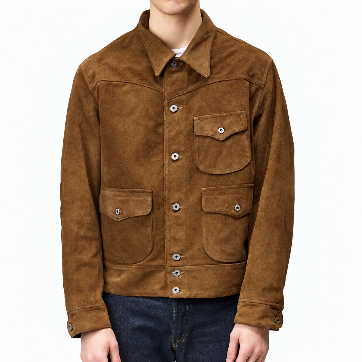 Brown faux-suede single-breasted jacket with button front and flap pockets.