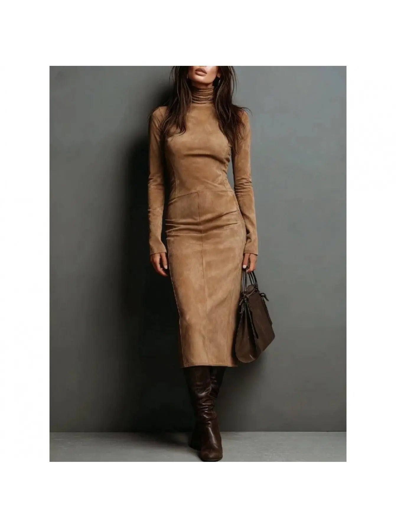 Back view of the Winter Whisper Dress, emphasizing the long sleeves and structured design.