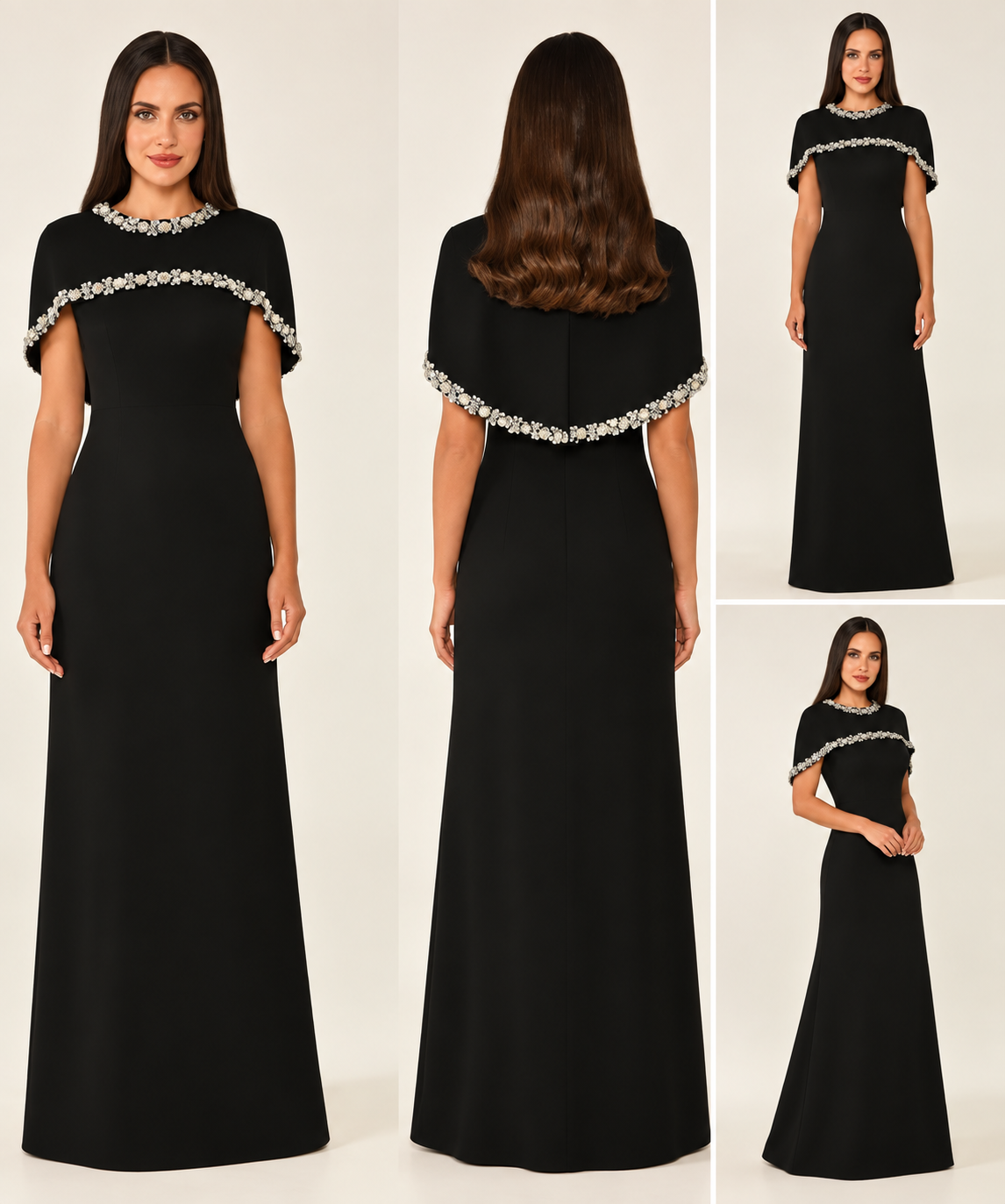 Black floor-length evening gown with silver-white beaded cape detail, front and back views