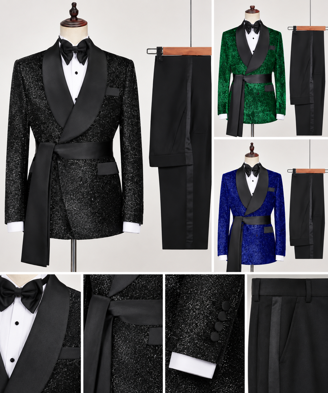 Formal tuxedo set in black, green and blue with satin lapels, bow tie, sash and coordinating trousers