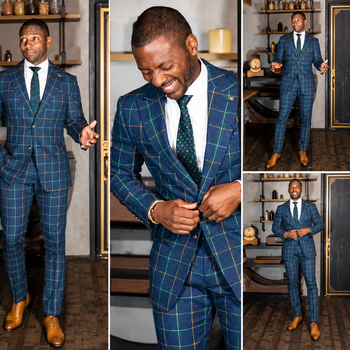 British plaid slim-fit two-piece suit in a clean editorial collage
