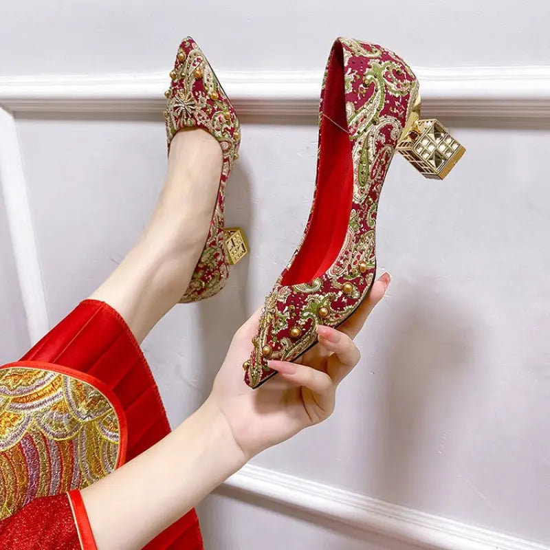 Bridal shoes with a cultural connection, featuring rich Chinese heritage.