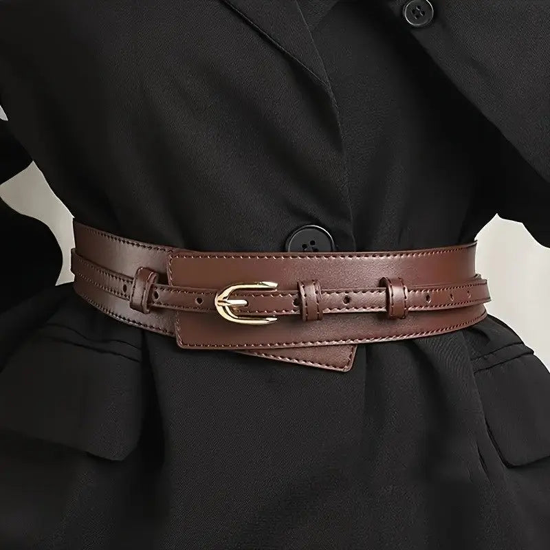 Detachable golden buckle of the Vintage Chic Belt against a white background