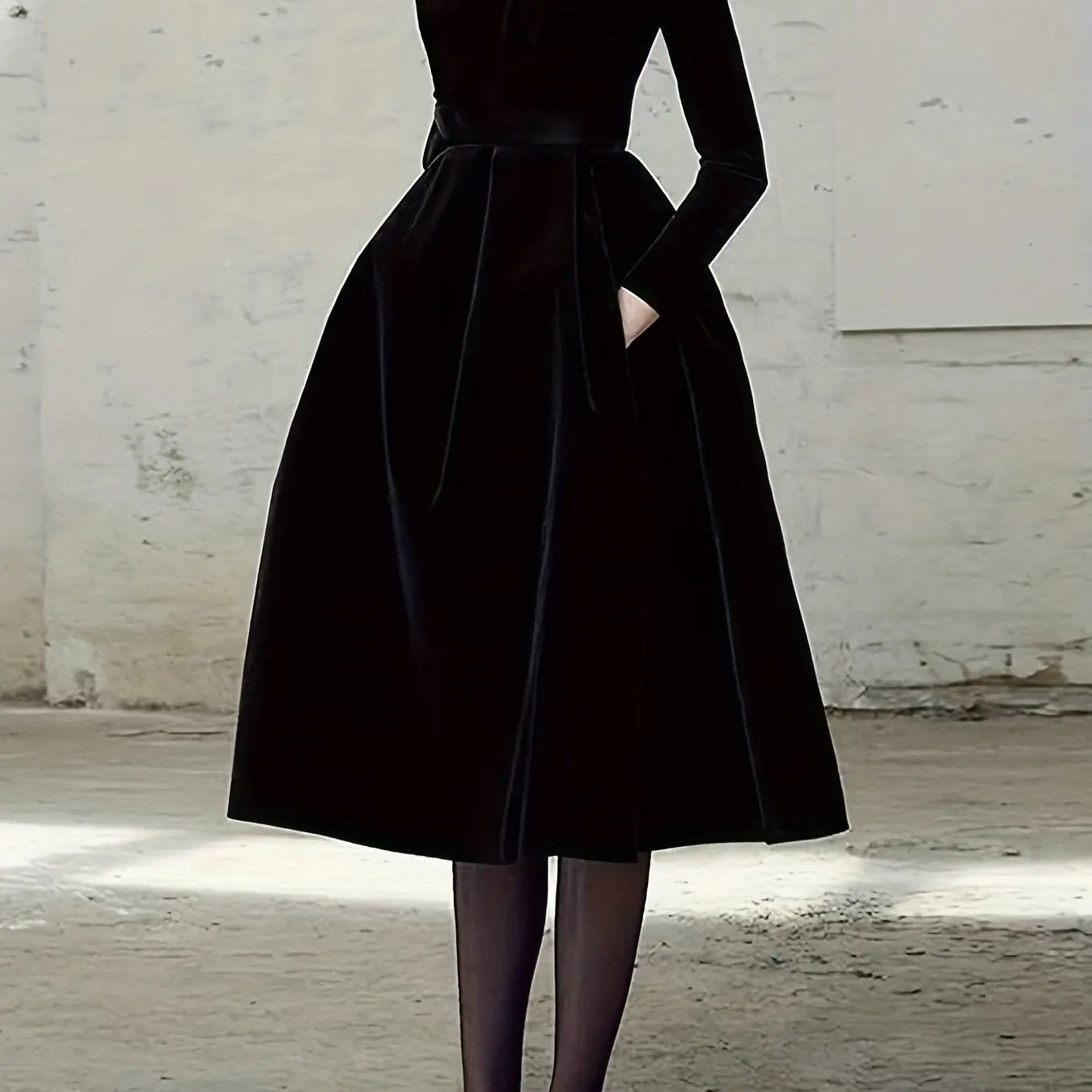 Model wearing the Midnight Whispers Gown, highlighting its sophisticated design and statement footwear.