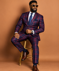Men's navy and burgundy plaid prom suit with notched lapel