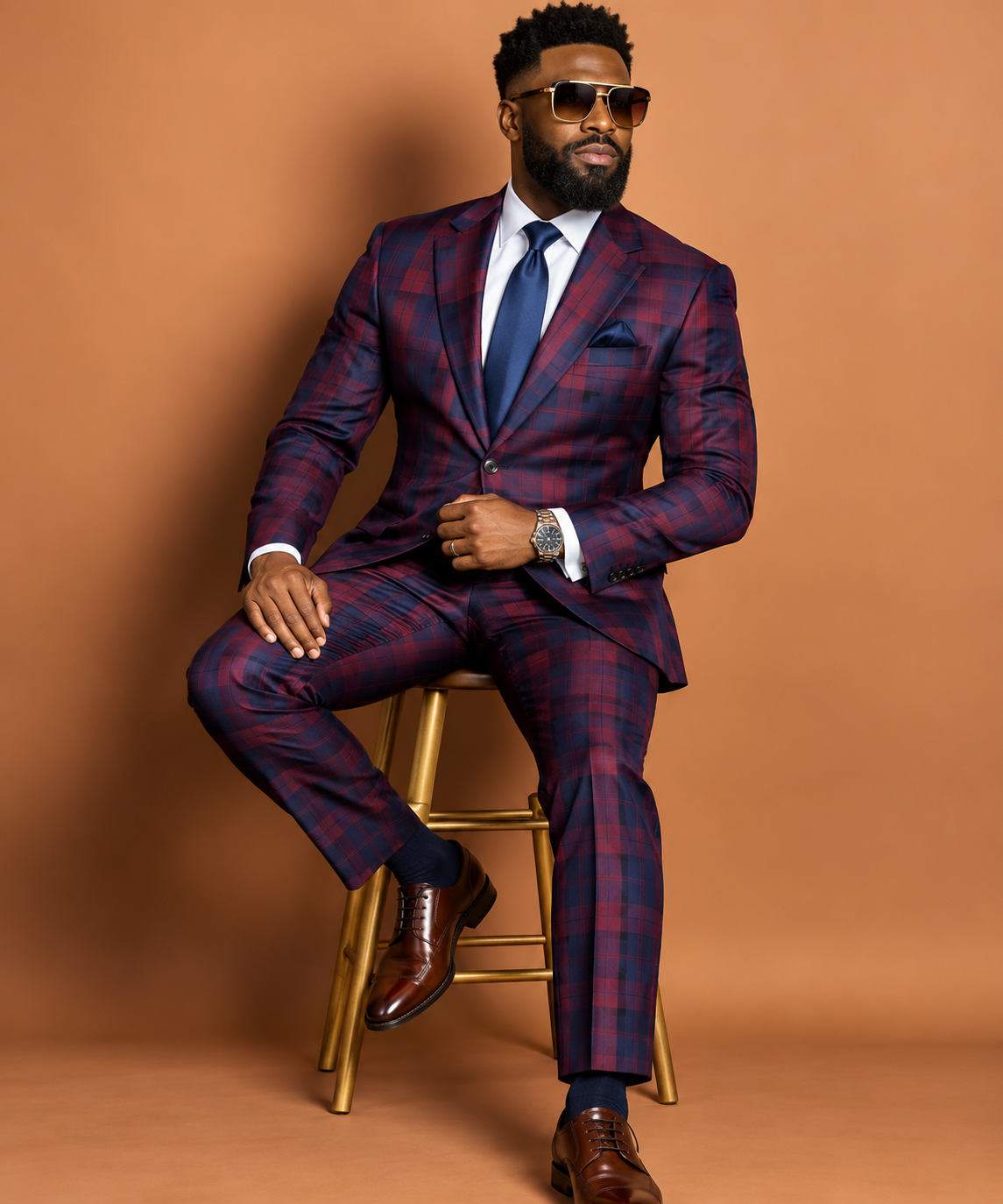 Men's navy and burgundy plaid prom suit with notched lapel