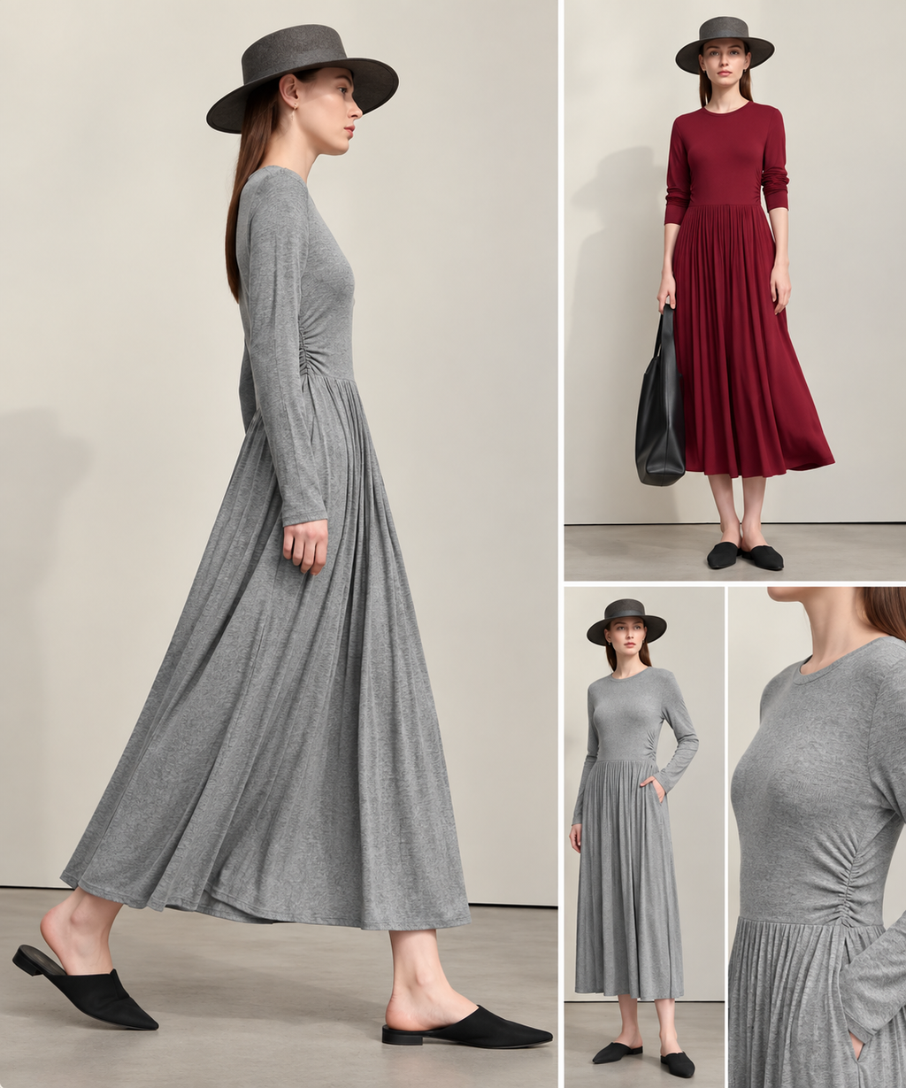 Chelsea mid-calf knit dress in gray and wine red with detail views