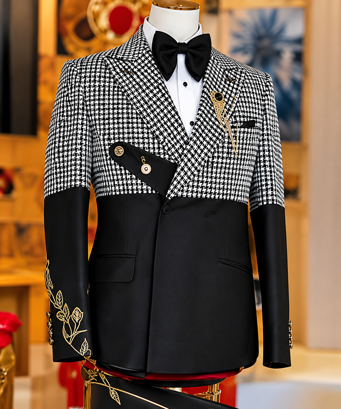 Black and white patterned formal wedding suit on mannequin.
