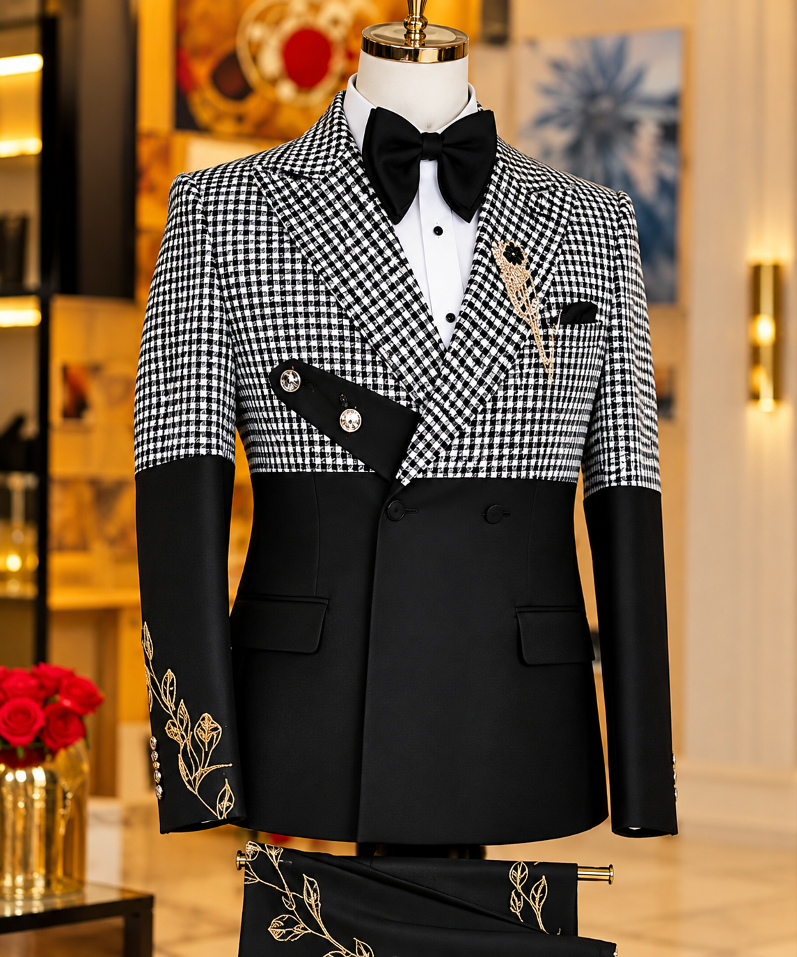 Black and white patterned formal wedding suit with decorative details.