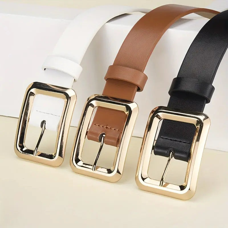 Sophisticated golden buckle belt, a staple wardrobe item for women.