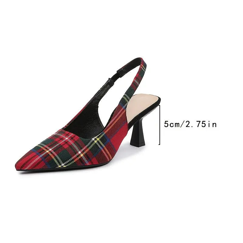 Side view of stylish plaid mules with stiletto heels and slip-on design.