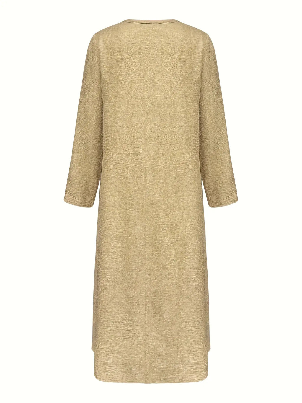 Whisper-Soft Olive Dress displayed on a hanger, showcasing its all-season versatility.