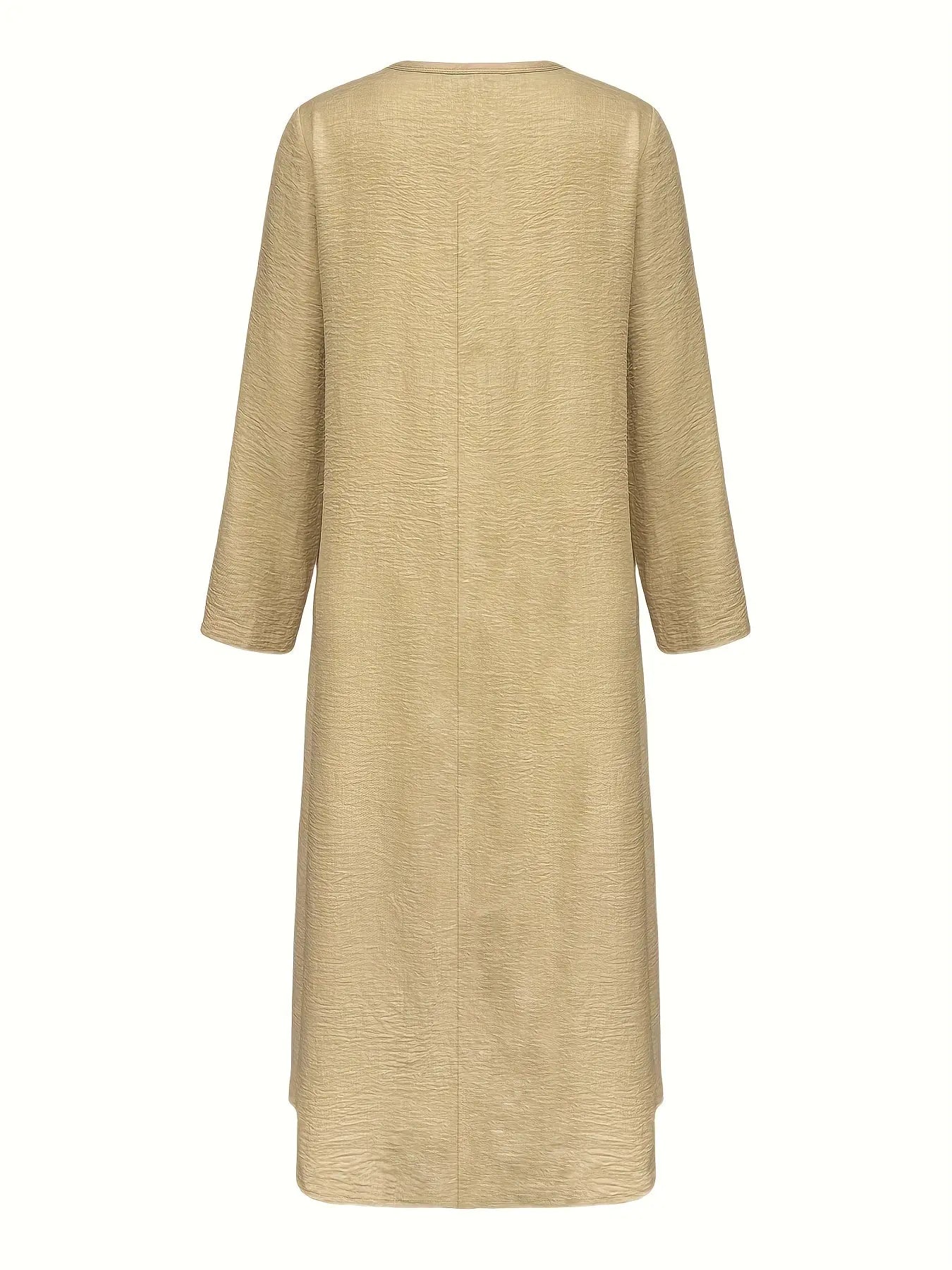 Whisper-Soft Olive Dress displayed on a hanger, showcasing its all-season versatility.