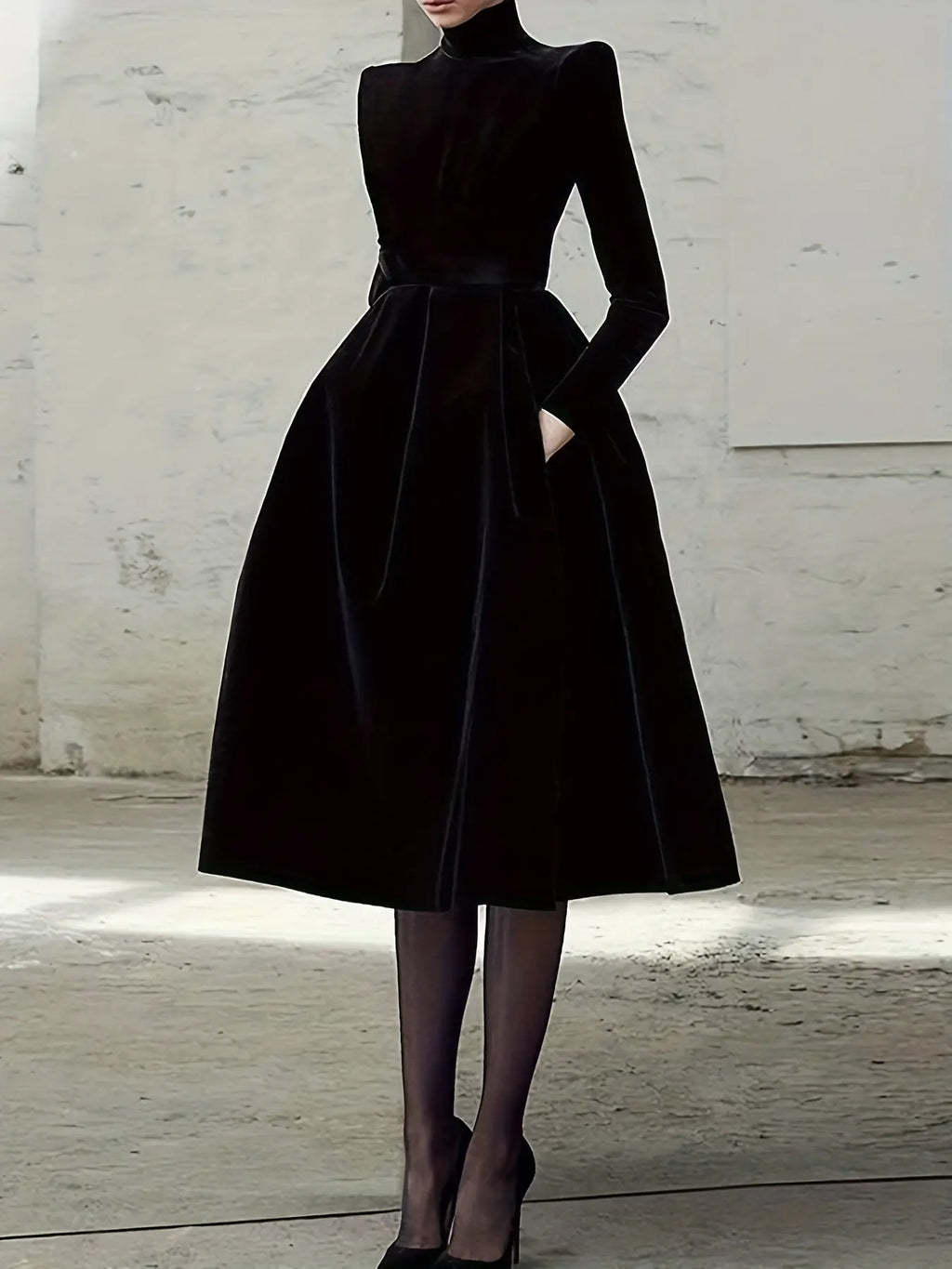 Midnight Whispers Gown in black, featuring a high neckline and long sleeves for elegant gala attire.